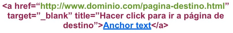 Código de un enlace HTML donde se ve el texto de anclaje o anchor text