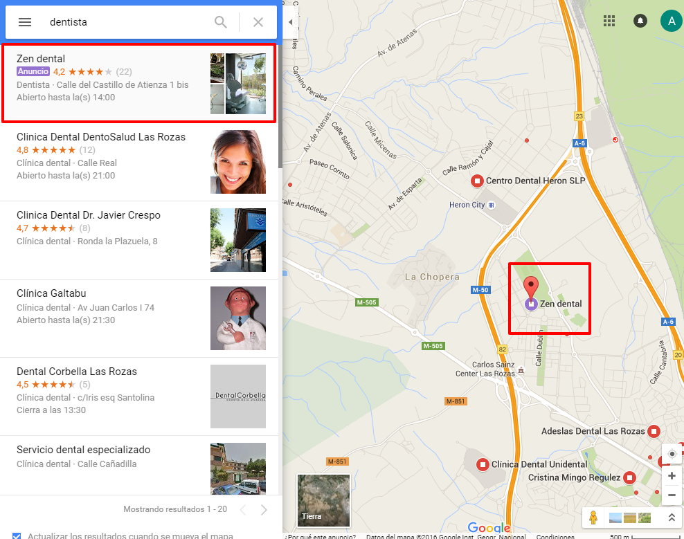 Anuncio de dentista en Google Maps