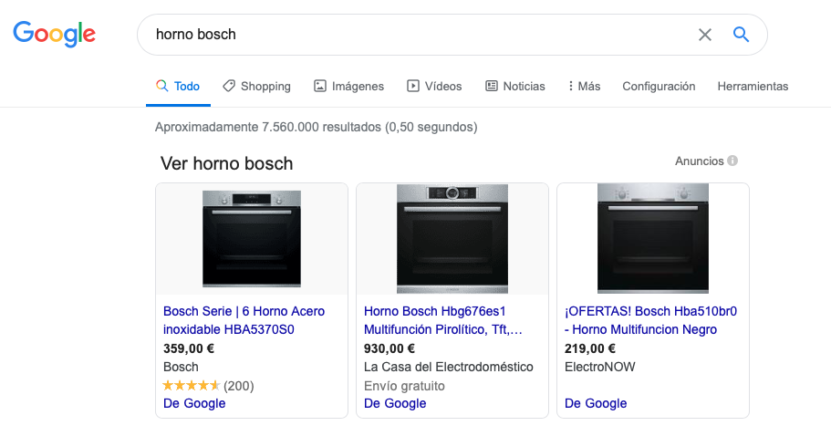 Shopping in Google SERP