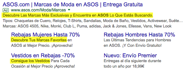 Llamada a la acción de ASOS en la meta description