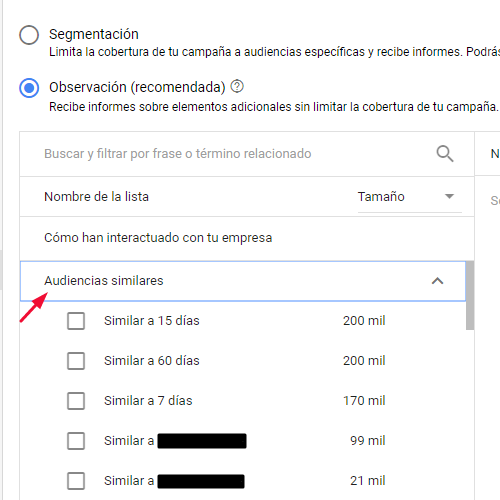 Localización "Audiencias Similares" en la nueva interfaz de Google AdWords