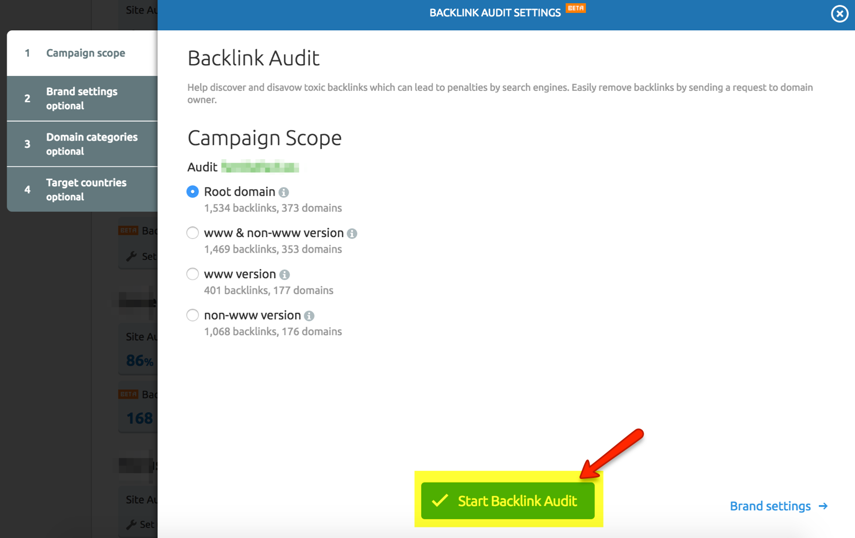 Configuración del módulo Backlink audit