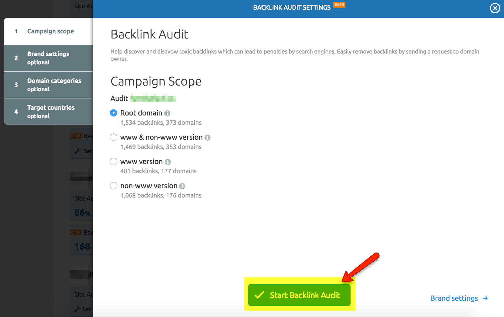 Configuration of the Backlink audit module