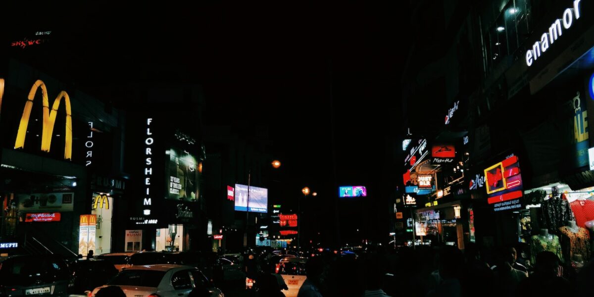 Night landscape of illuminated brand signs
