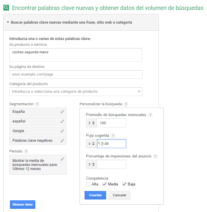 busqueda en el planificador de Palabras Clave Google AdWords