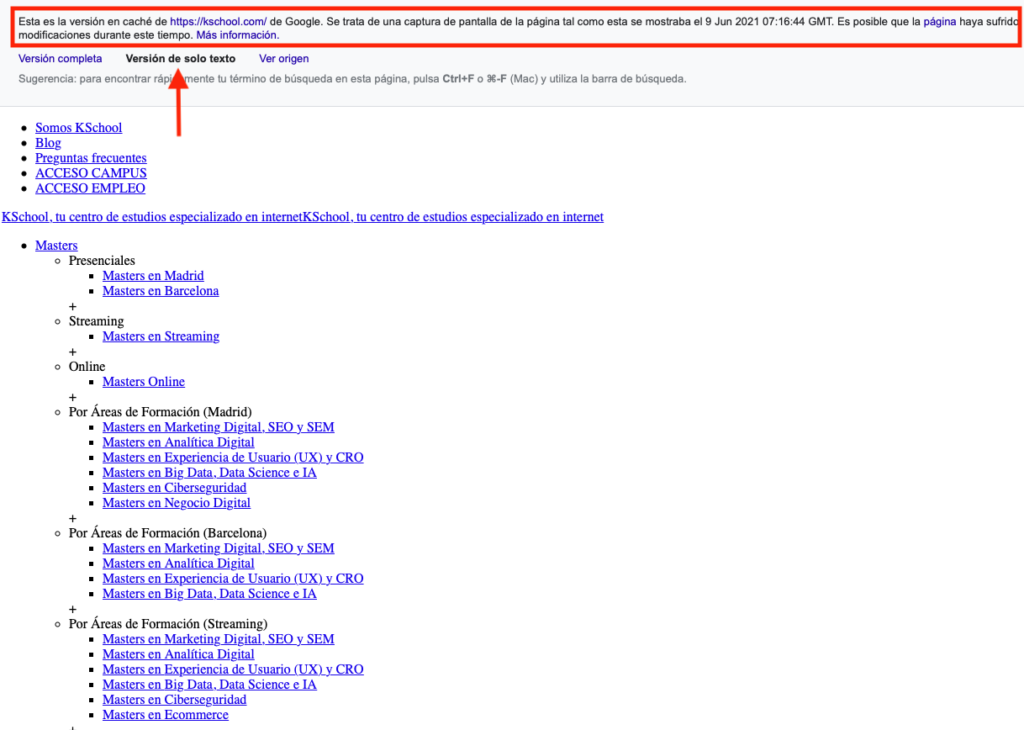versión cache de una web