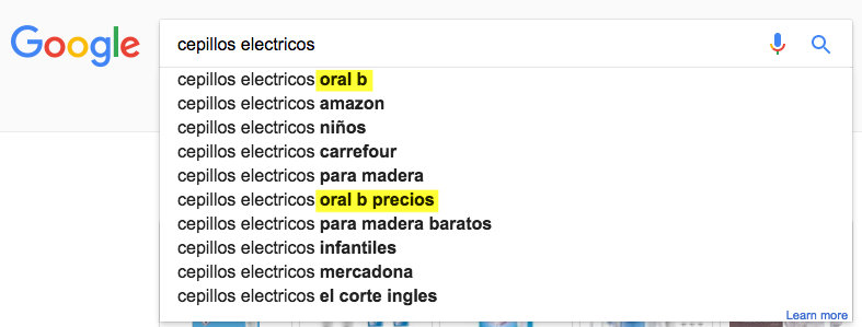 Sugerencias de búsqueda de Google para el término cepillos eléctricos