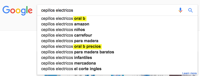 Google search suggestions for the term electric toothbrushes