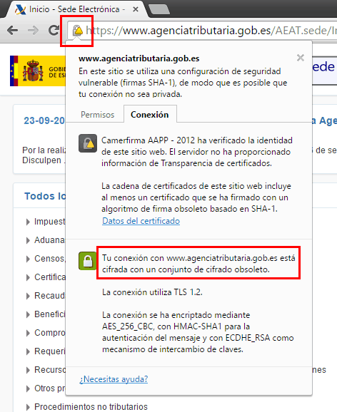 certificado cifrado obsoleto