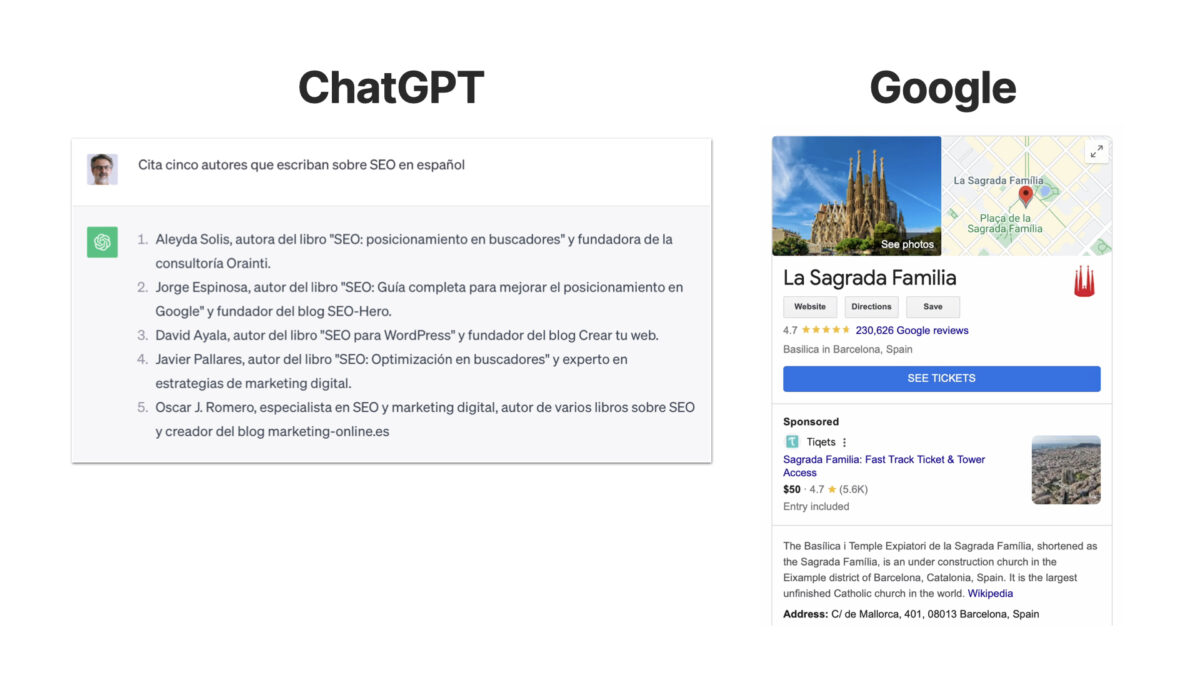 Comparamos cómo funciona un gran modelo de lenguaje como ChatGPT respecto a la información aportada por el knowledge graph de Google.