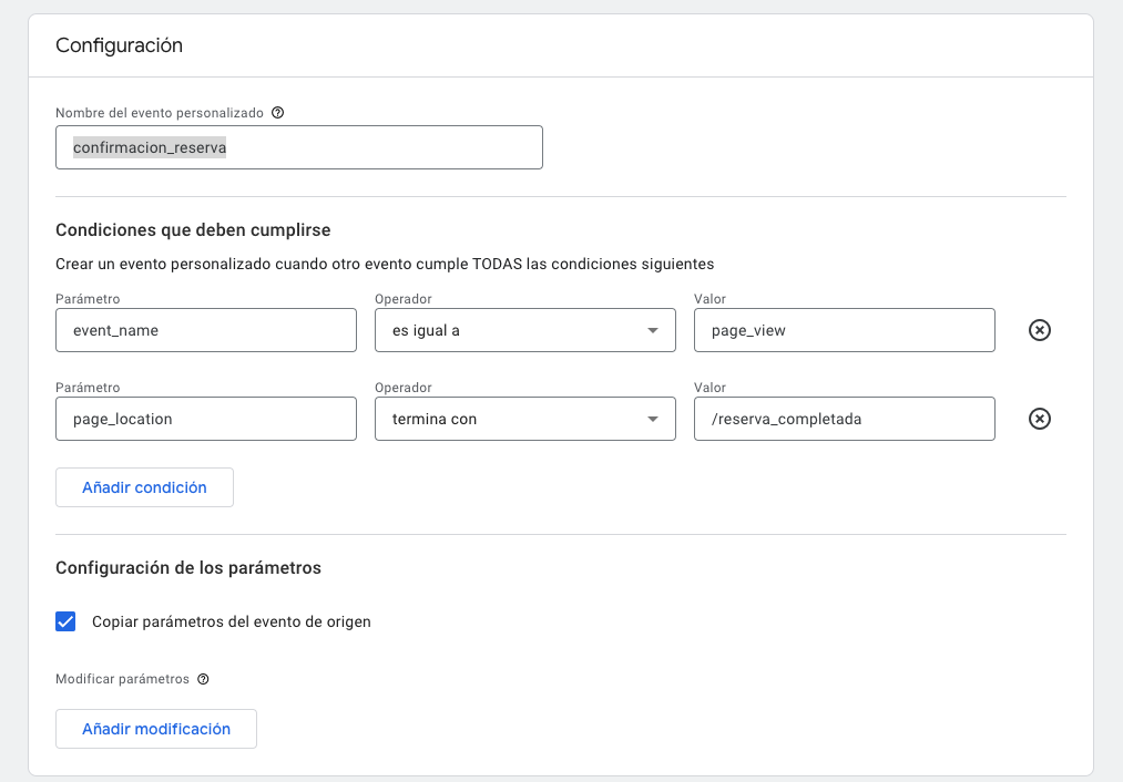 Configuración eventos