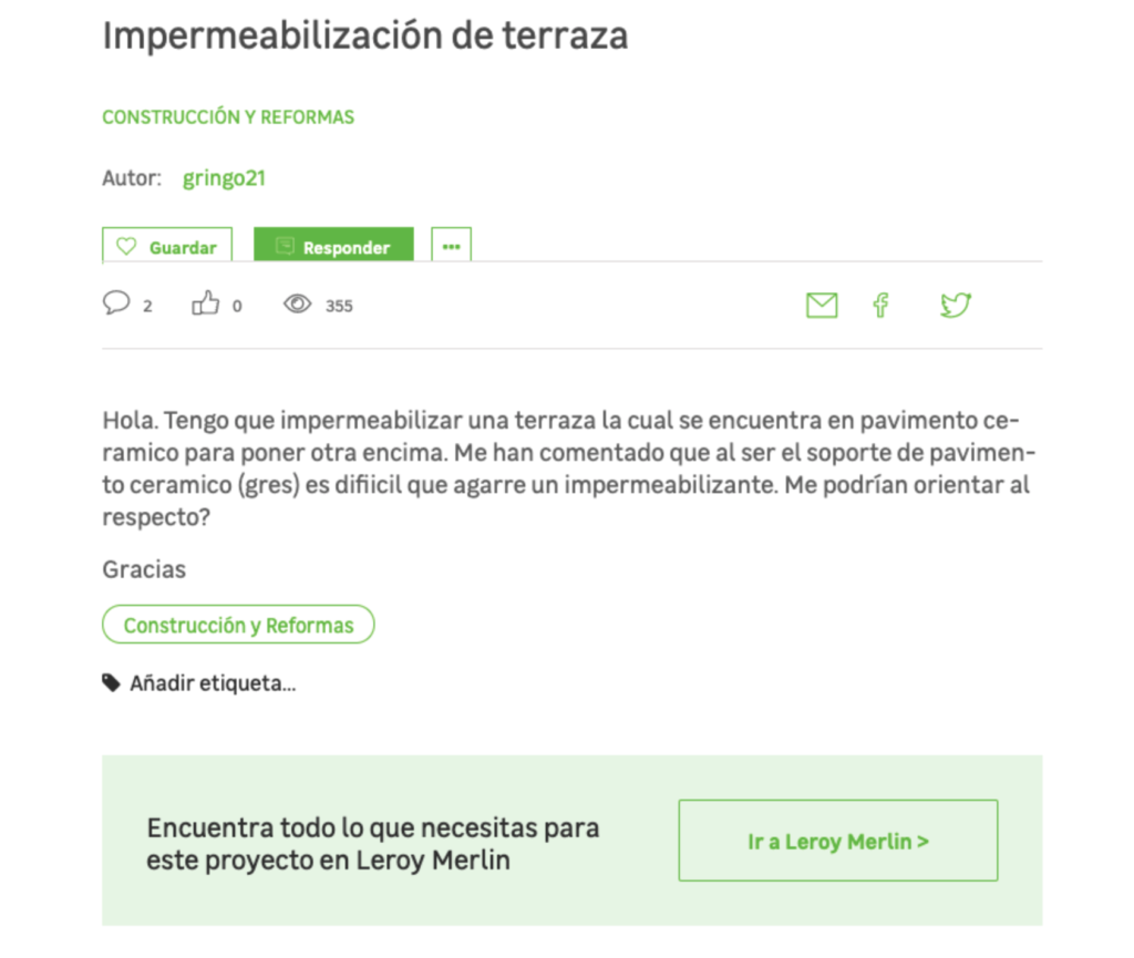 Comentario de un usuario en una página sobre Impermeabilización de terraza