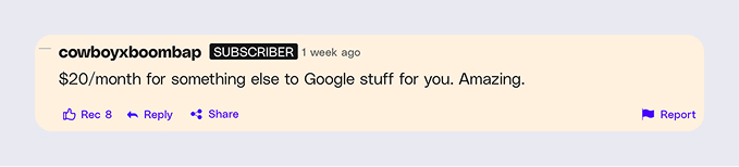 Captura de comentario de The Verge donde un usuario comenta: "20 dólares al mes para que busquen en Google por ti. Genial." 