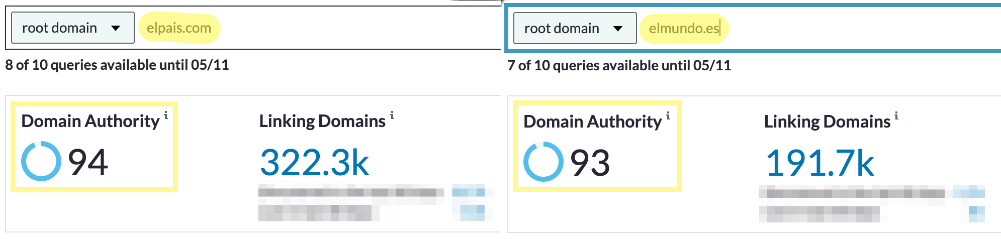 Moz Link Explorer Domain Comparison