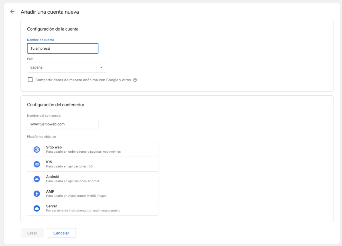 Configuración de cuenta GTM