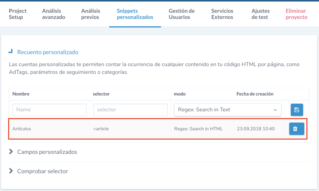 Configuración en Ryte número de artículos