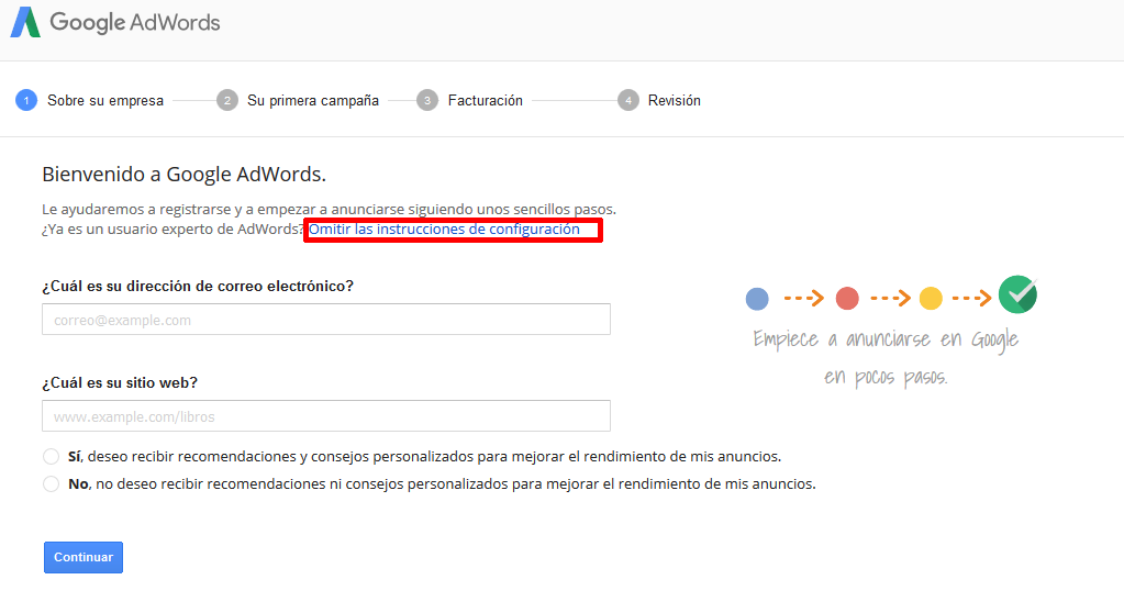 Configuración de cuenta AdWords sin facturación