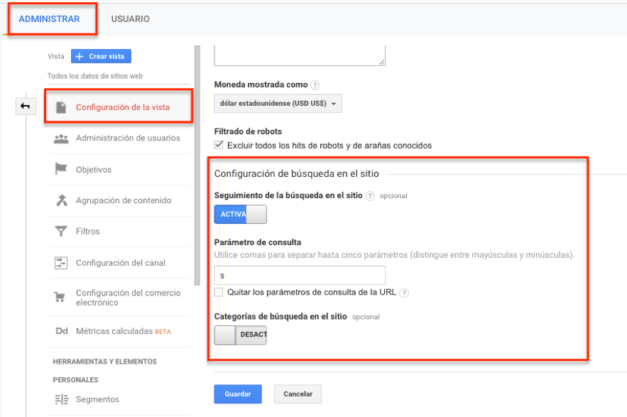 configurar búsquedas internas analytics