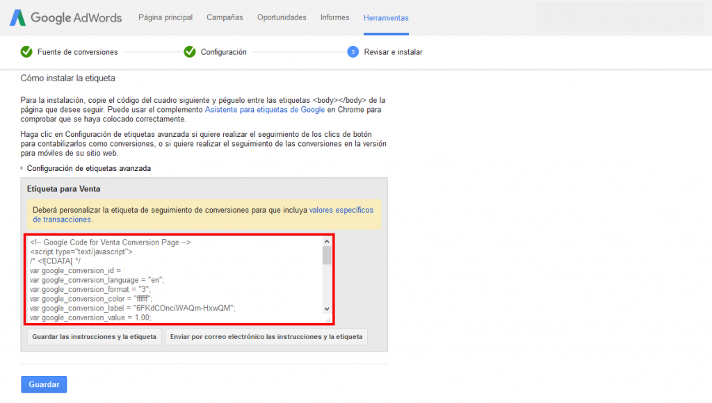 código de conversión de AdWords