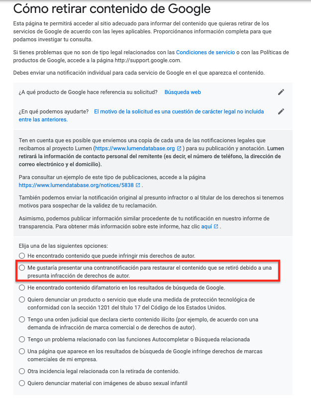  contranotificación para restaurar el contenido denunciado