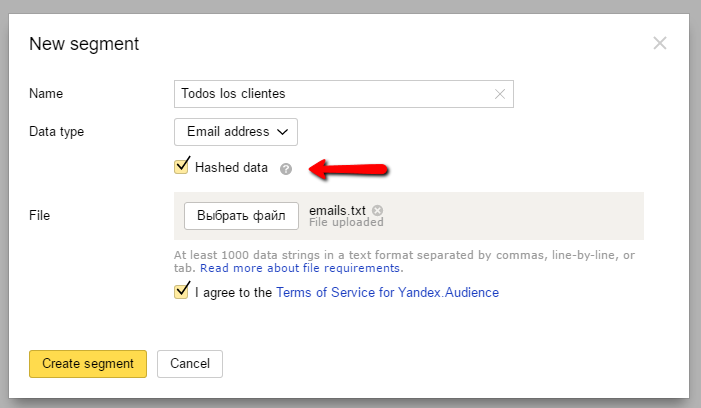 Creación de segmentos en Yandex.Audience