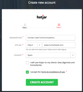 Crear nueva cuenta en Hotjar