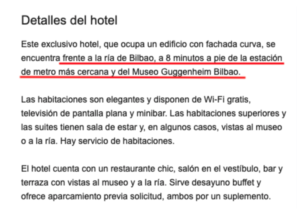 Descripción del Hotel Vincci en la que se detalla su ubicación, medios de transporte y atracciones turísticas cercanos