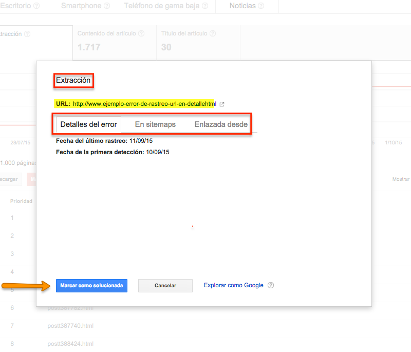 detalle de errores de URL en Google Search Console