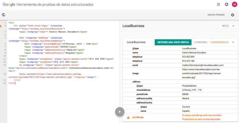 Example of structured data testing