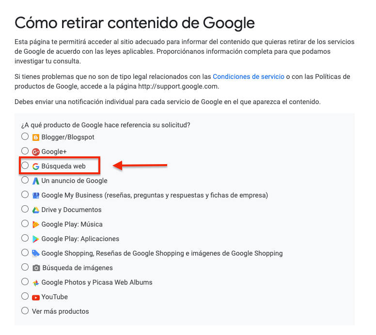 Elegir producto Google para solicitud