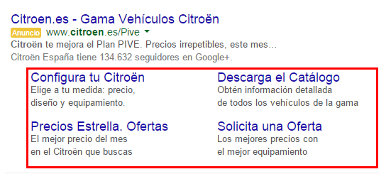 Featured links in Citroen Google AdWords campaign