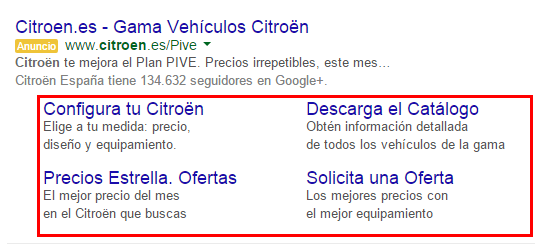 Enlaces destacados en campaña de Google AdWords de Citroen