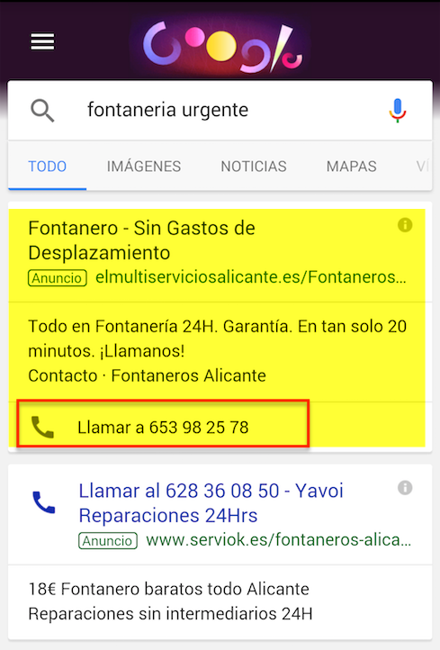 Ejemplo de extensión de llamada de Google AdWords