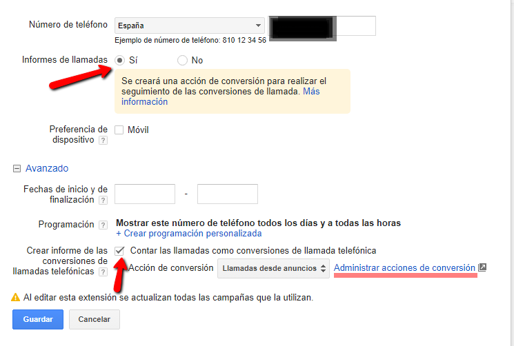How to configure Adwords call extensions shown in ads.