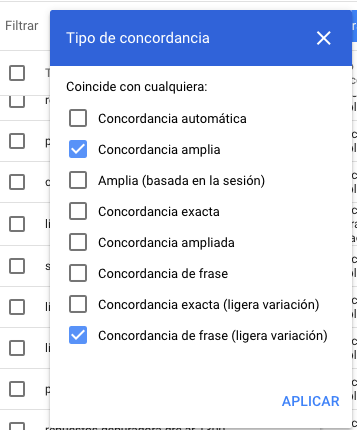 Filtrado por tipo de concordancia en el informe de términos de búsqueda