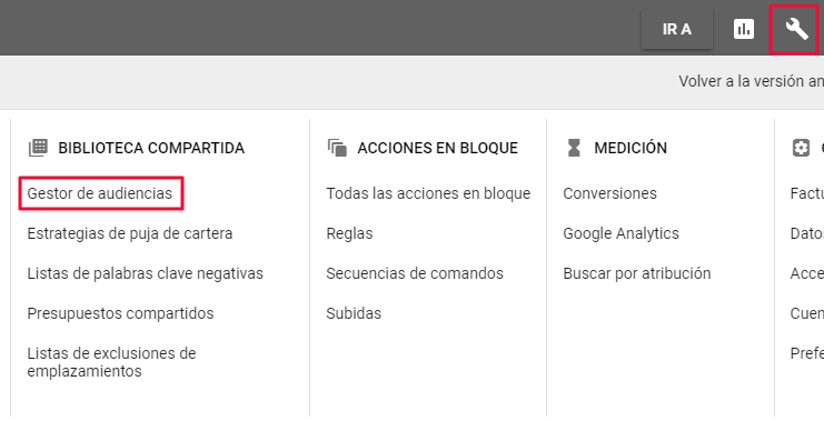 Localización del "Gestor de audiencias" en la nueva interfaz de AdWords