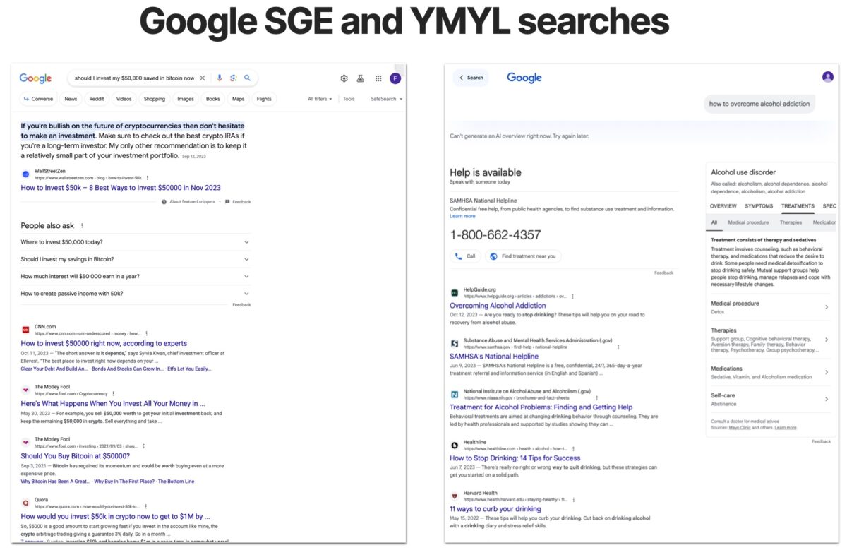 Google SGE does not return results for YMYL searches or include disclaimer message.