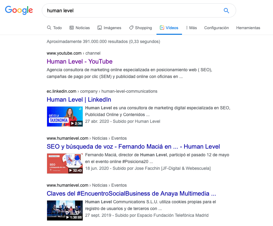 Resultados de Google Vídeos a la búsqueda "Human Level"