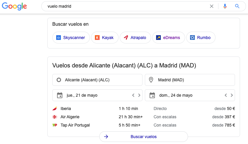 flight search engine in Google SERP