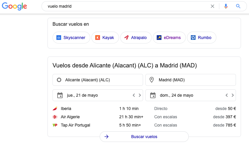 buscador de vuelos en la SERP de Google