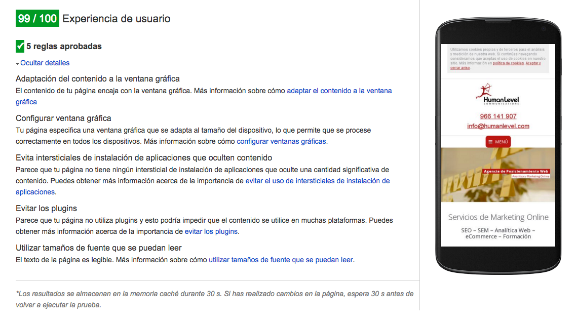 Comprobación de la versión mobile de Human Level con PageSpeed Insights