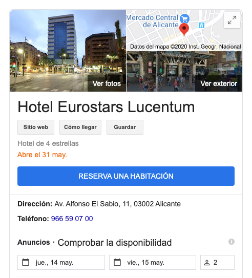 resultado local sobre un hotel en Google