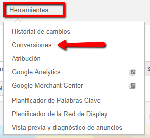 Conversions section within Adwords tools