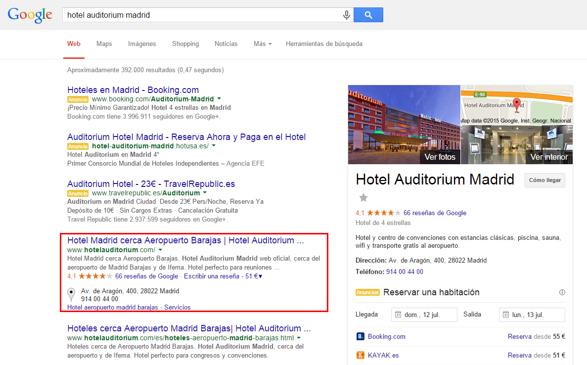 Example Google AdWords search network ads of OTAs with more visibility than official website