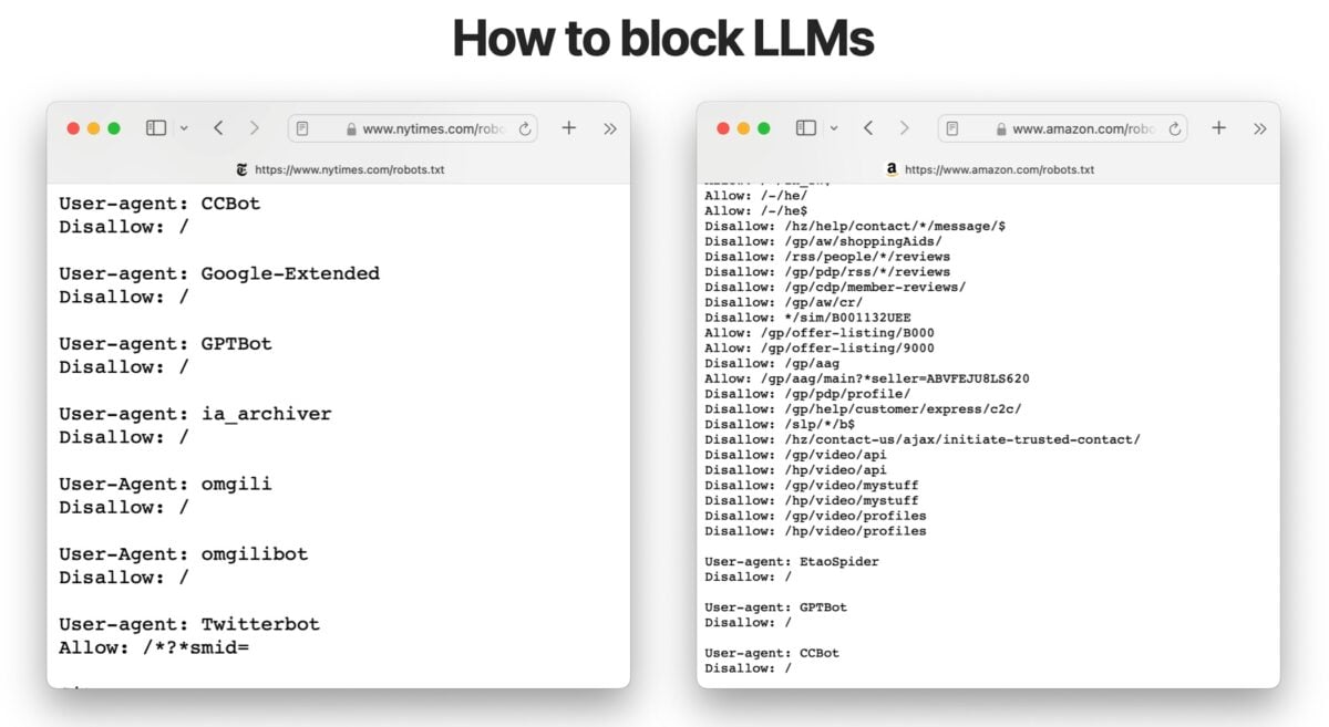 New York Times (left) and Amazon (right) already include in their robots.txt file blocking directives for some LLM robots.
