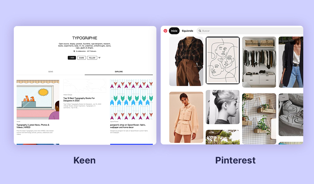 Comparison of the Keen and Pinterest interfaces.