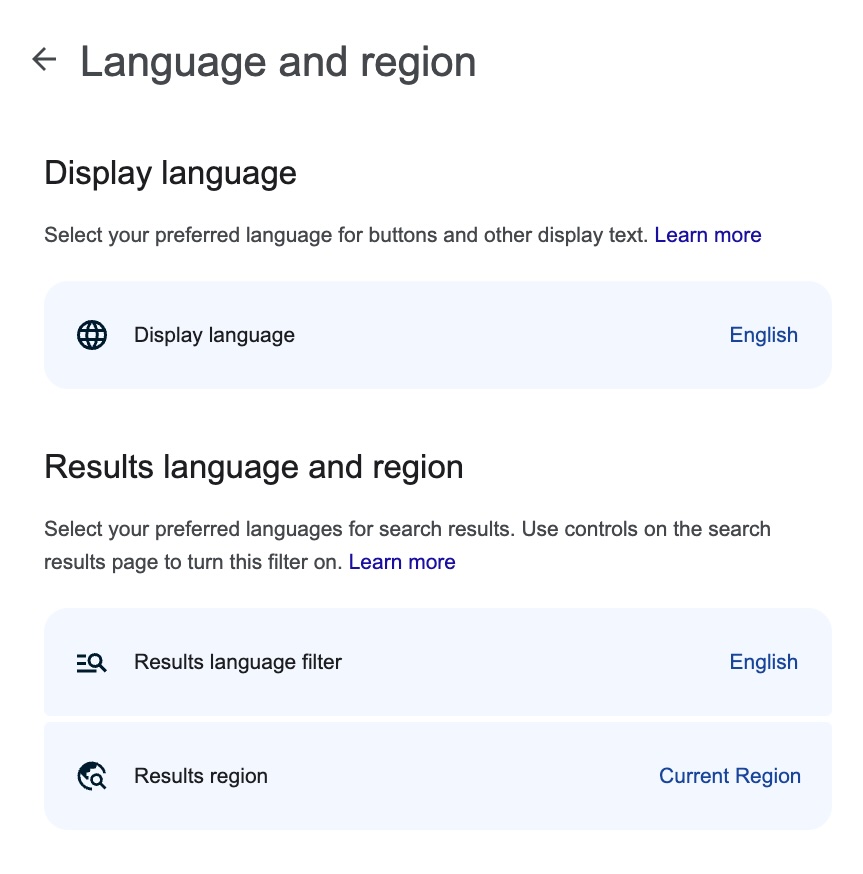 Language and region settings in Google Search Settings