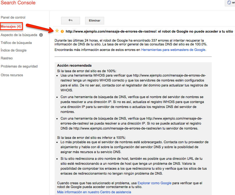 mensajes de error de rastreo en Google Search Console
