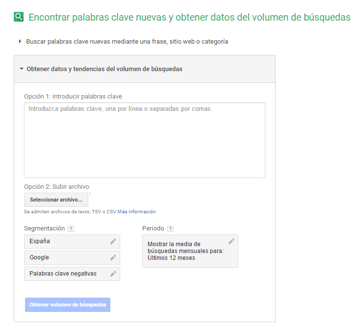 obtener datos y tendencias Planificador de Palabras Clave Google AdWords