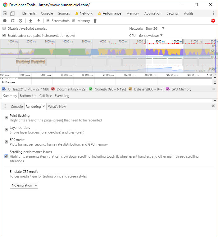 Opciones de representación de devtools de Chrome para ver en tiempo real como afecta el mover el scroll o las animaciones.